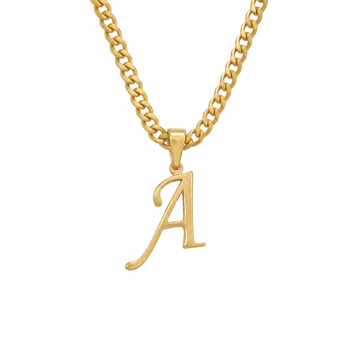 Simple gold necklace with "A" pendant
Cuban chain initial necklace