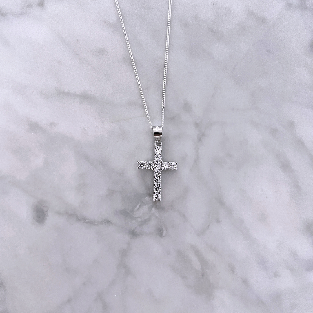 Collar Cruz Brillantes Plata De Ley