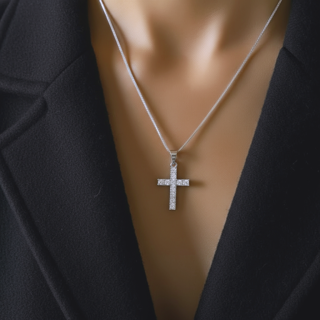 Collar Cruz Brillantes Plata De Ley