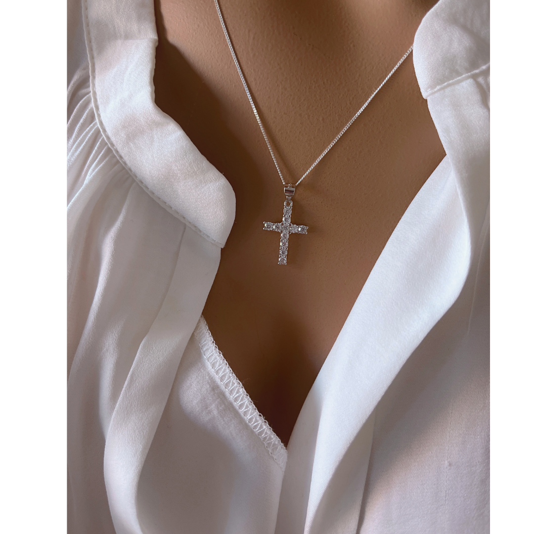 Collar Cruz Brillantes Plata De Ley
