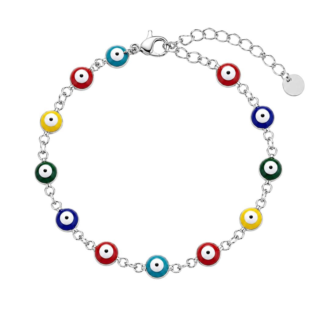 Colorful evil eye bracelet on silver chain
