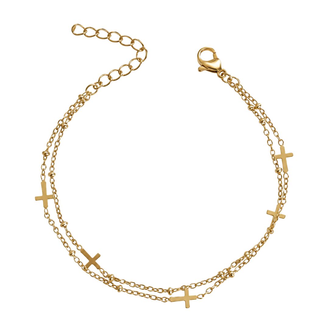 Gold-tone double-chain bracelet with crosses