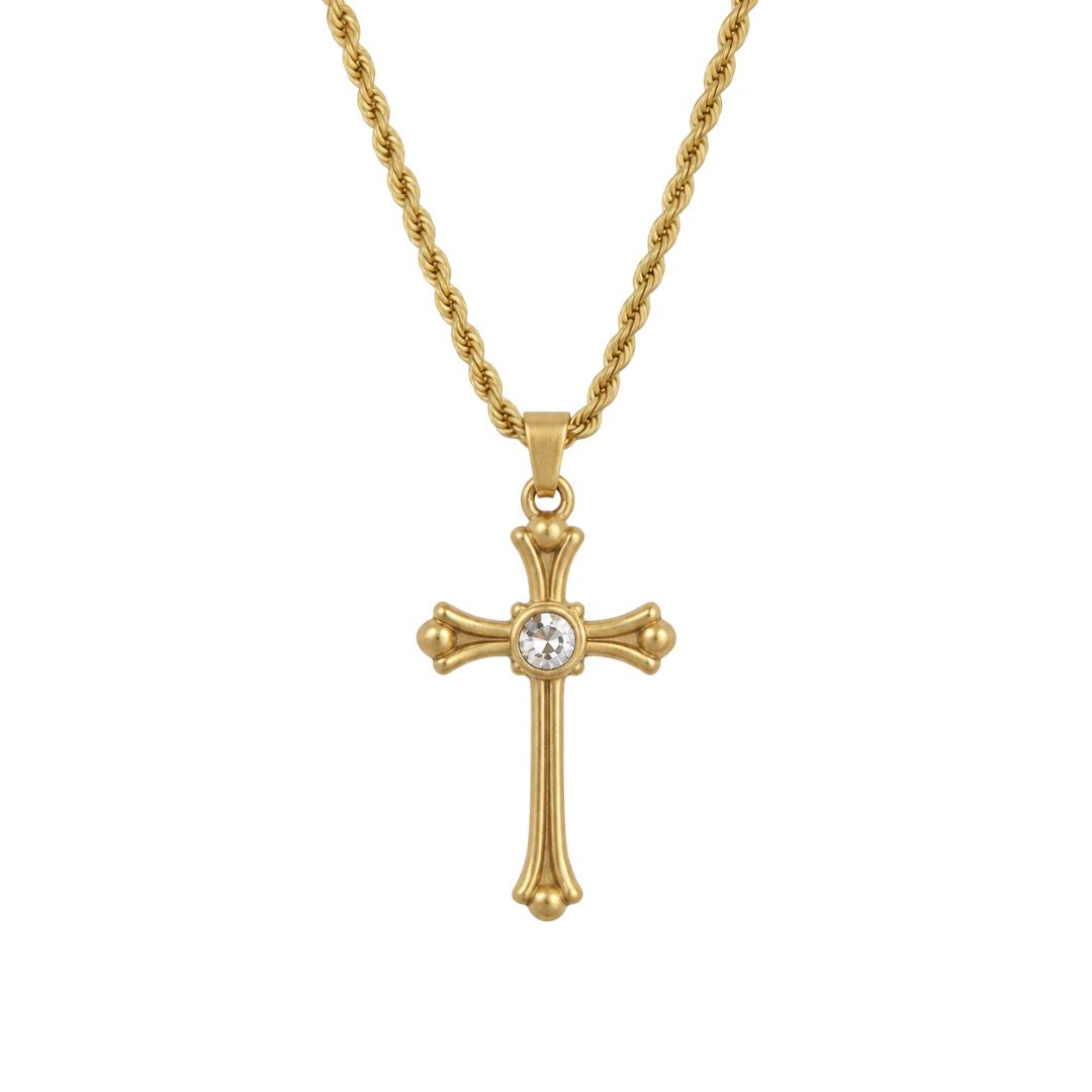 Gold cross necklace with gemstone pendant with rope chain