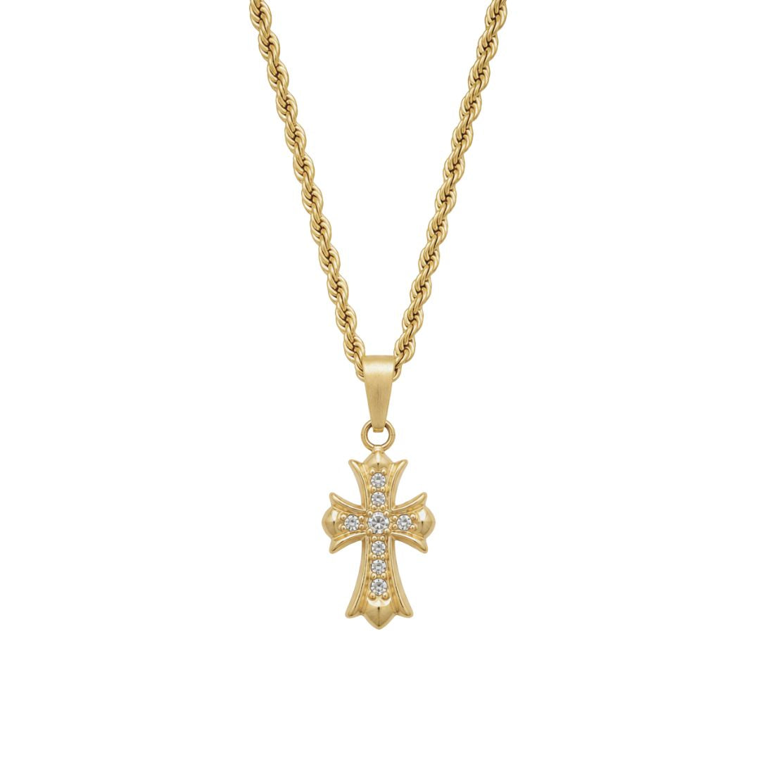 Gold cross pendant on rope necklace