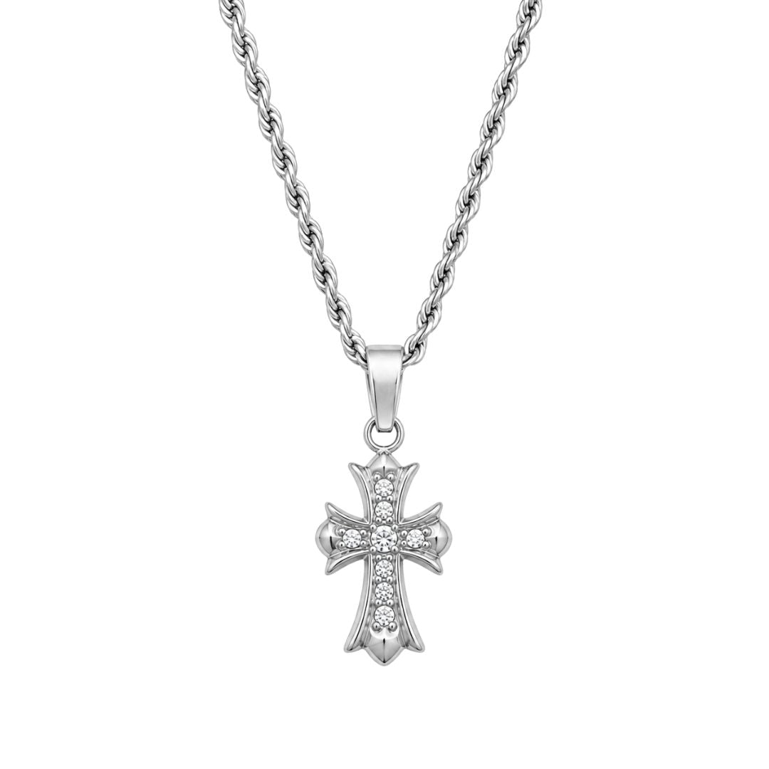 Silver cross pendant with rope chain