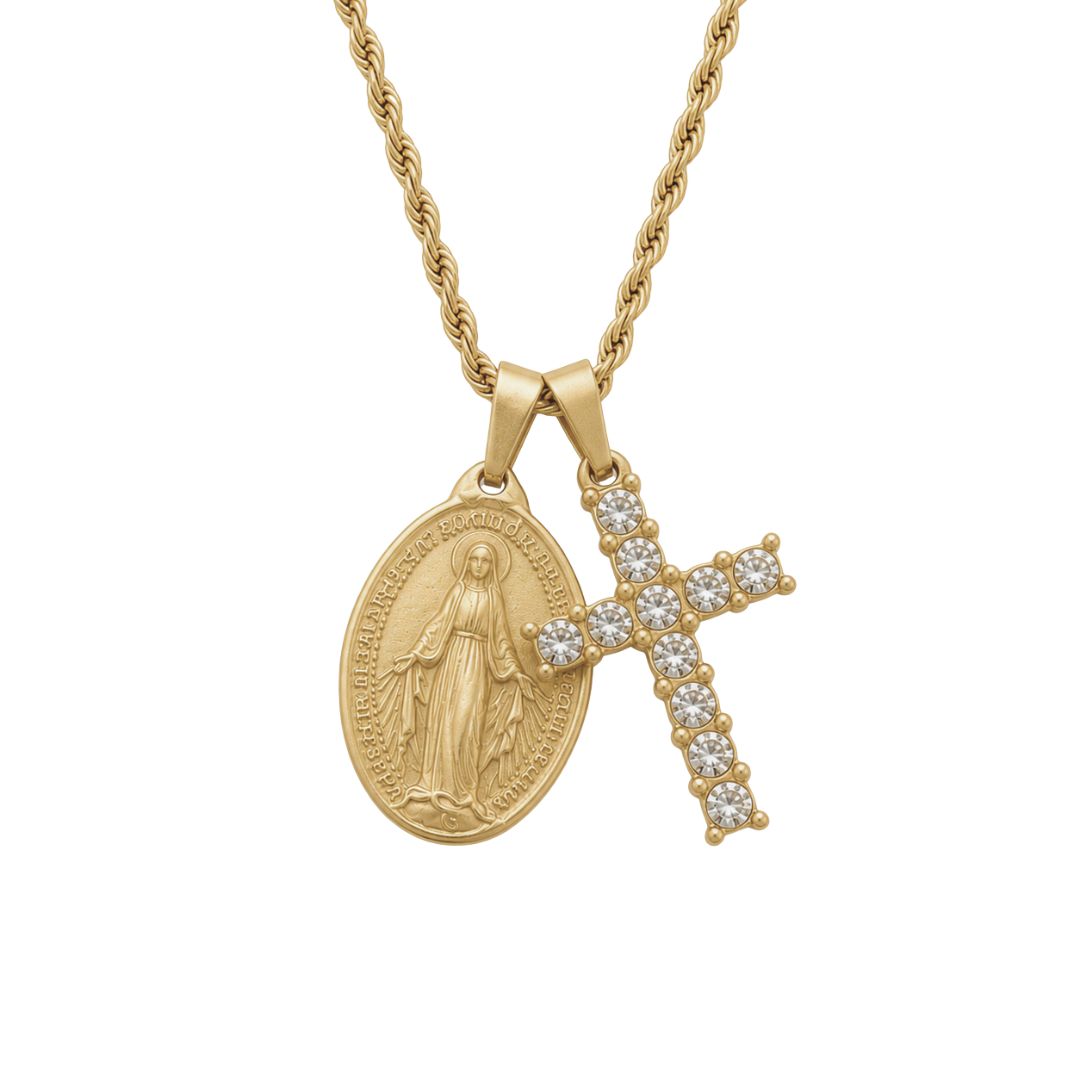 Gold necklace with religious pendants Virgen De La Milagrosa y Crucifijo diamonds