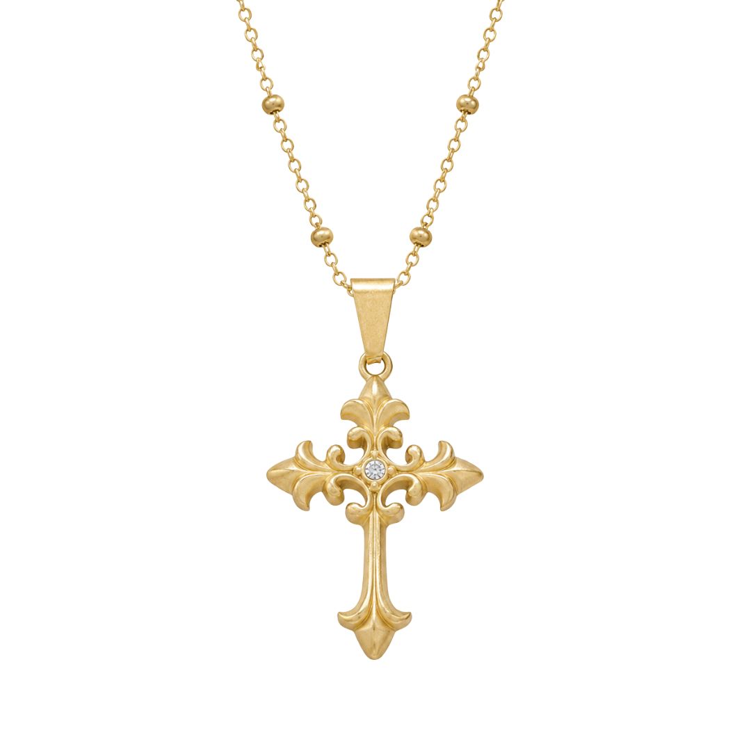 Gold cross necklace with intricate design with diamond