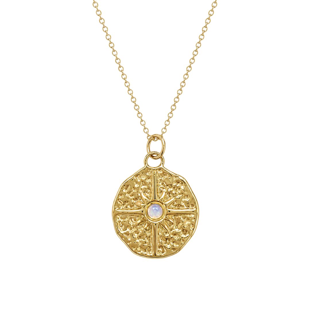 Gold necklace with hammered pendant
with moonstone