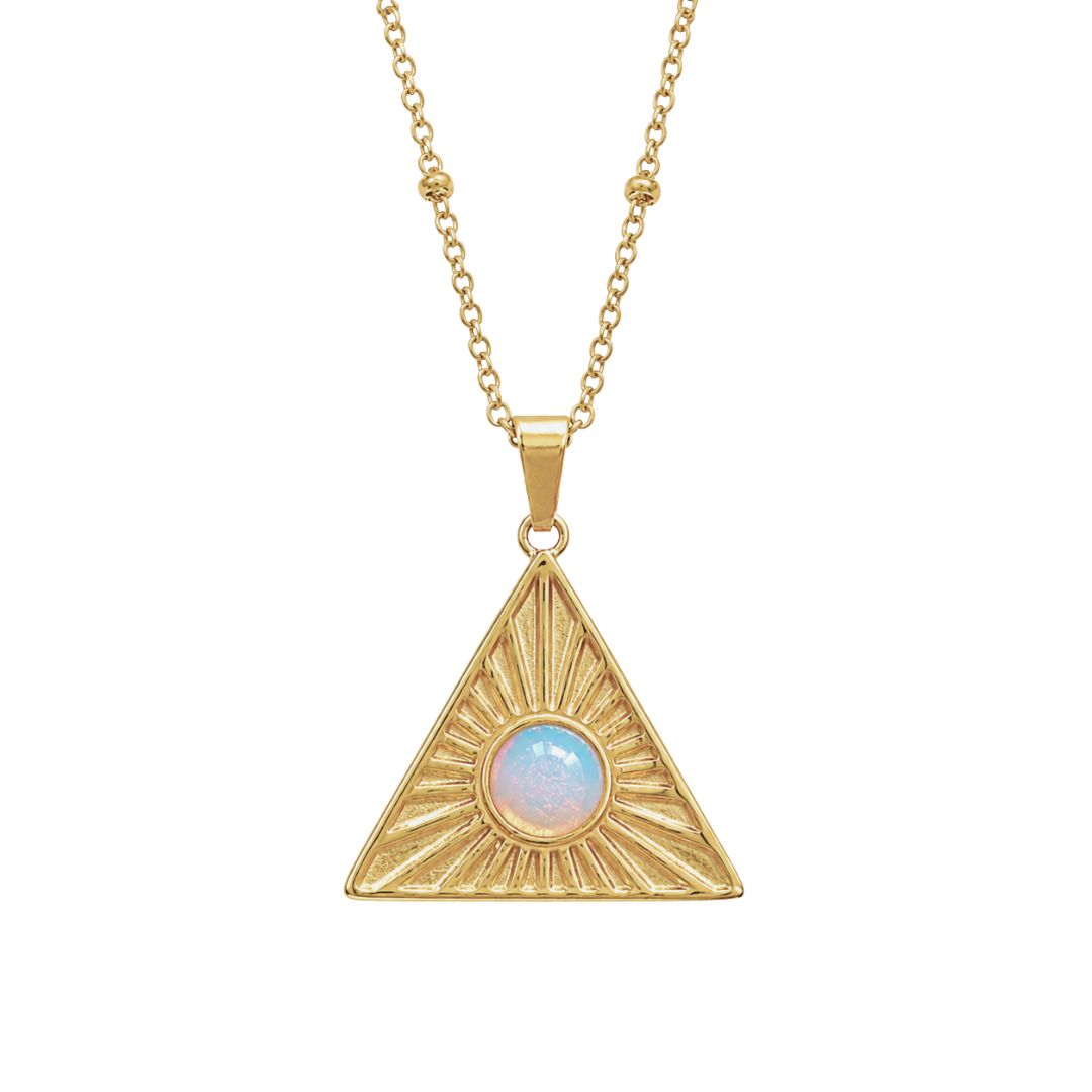 Gold sunburst triangle pendant with opal center