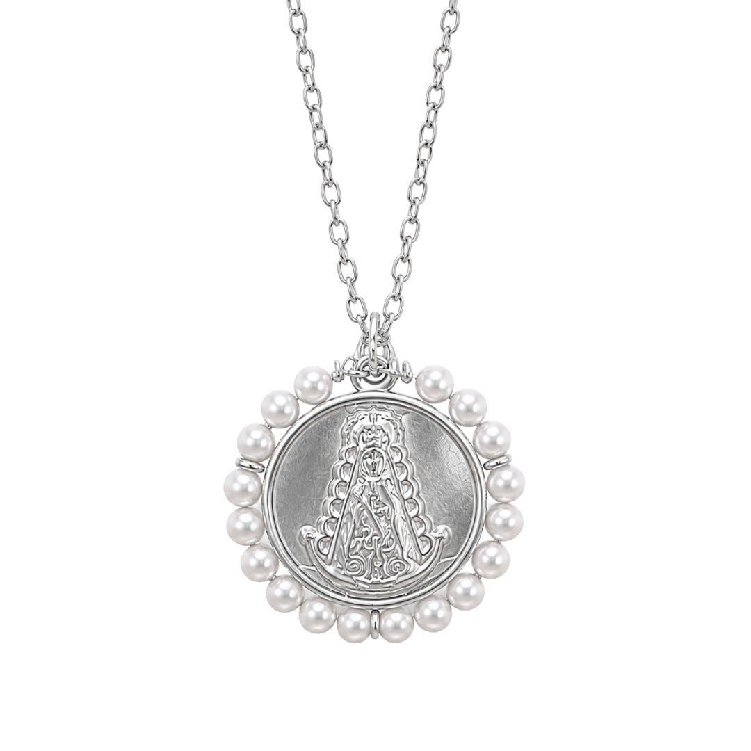 Silver medallion necklace with pearls Virgen Del Rocio