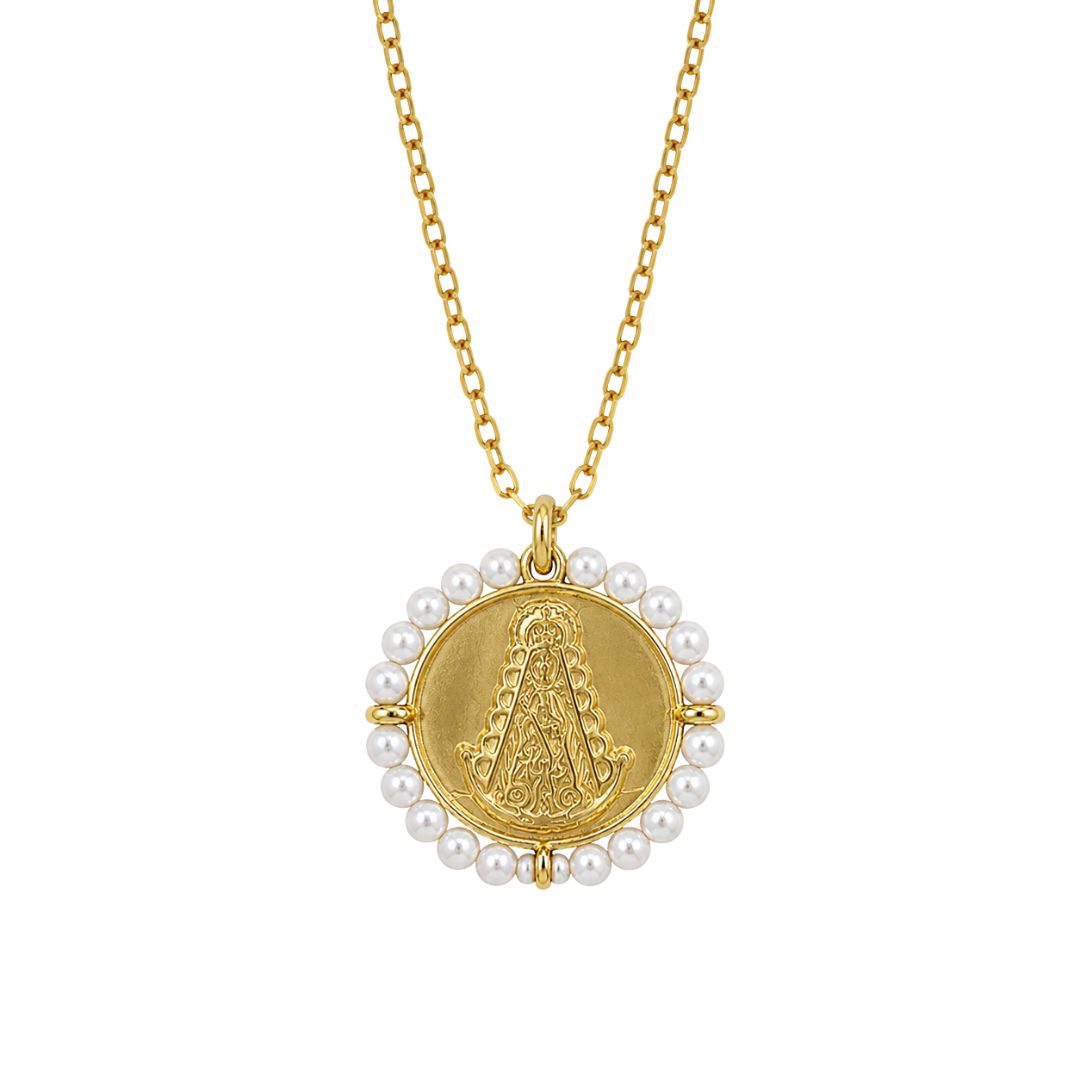 Gold medallion on pearl chain Virgen Del Rocio