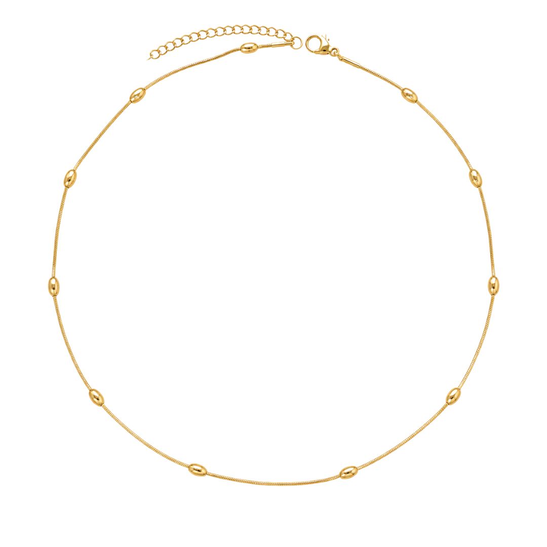 Elegant gold necklace with long beads and snake chain
