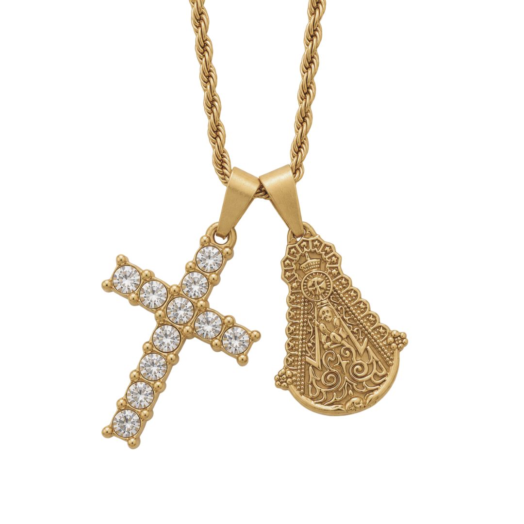 Gold necklace with cross and medallion
Virgen Del Rocio