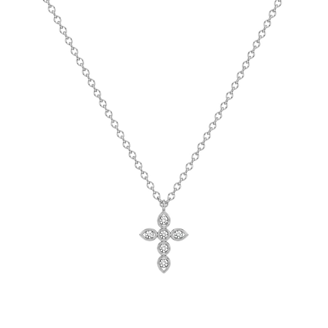 Silver cross pendant necklace with diamonds