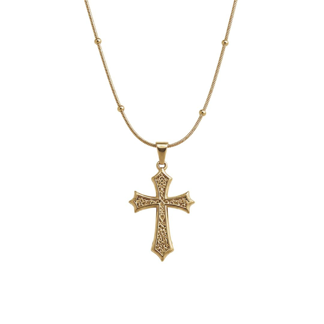Gold cross necklace with ornate detailing