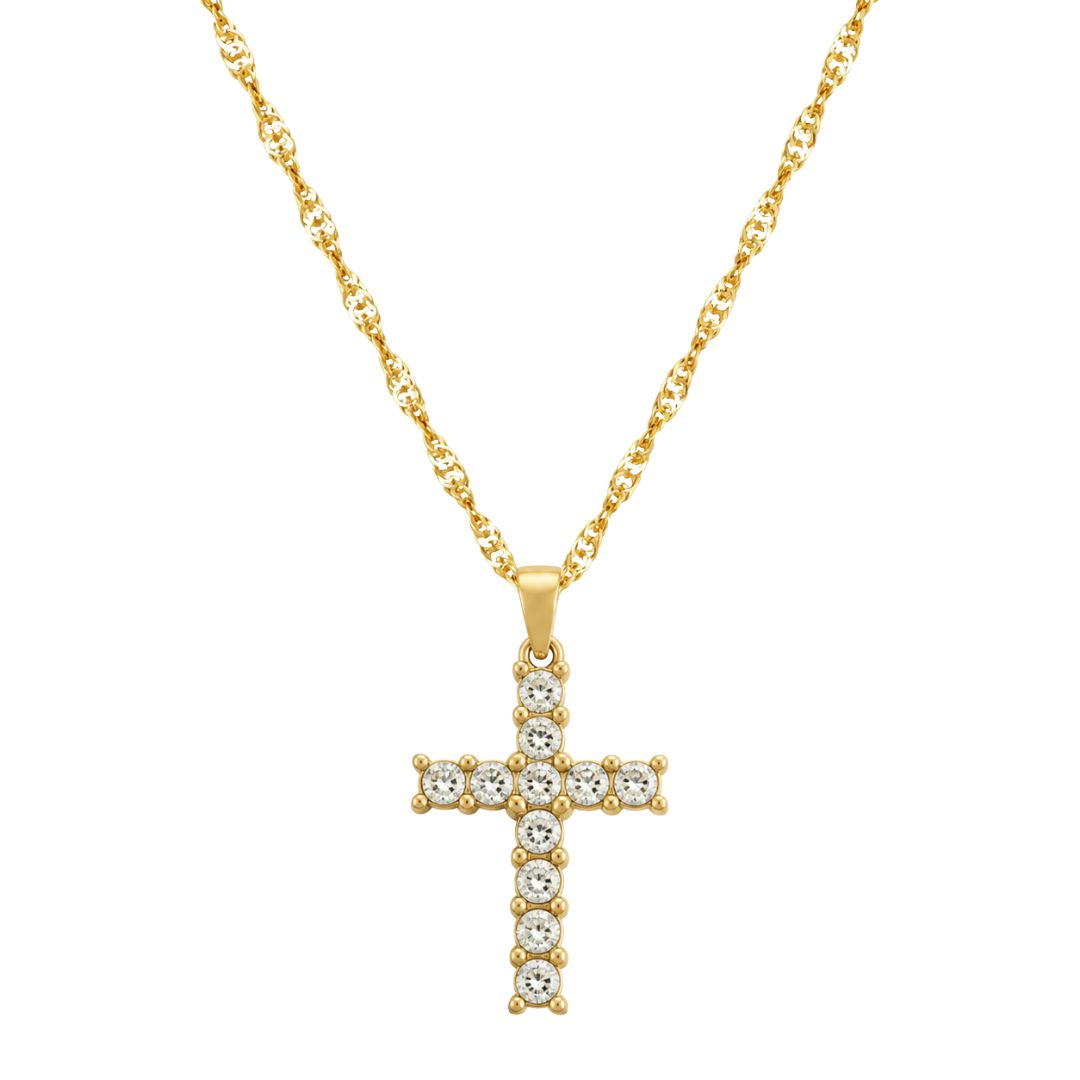 Gold cross necklace with diamond-like stones
