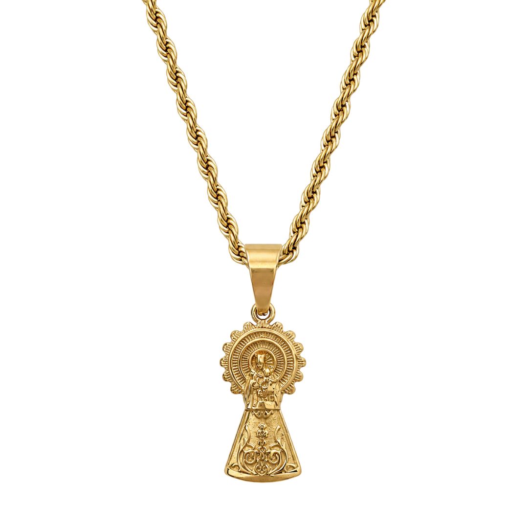 Collar de la Virgen Del Pilar en oro la Pilarica con cordon Gold rope chain with ornamental pendant