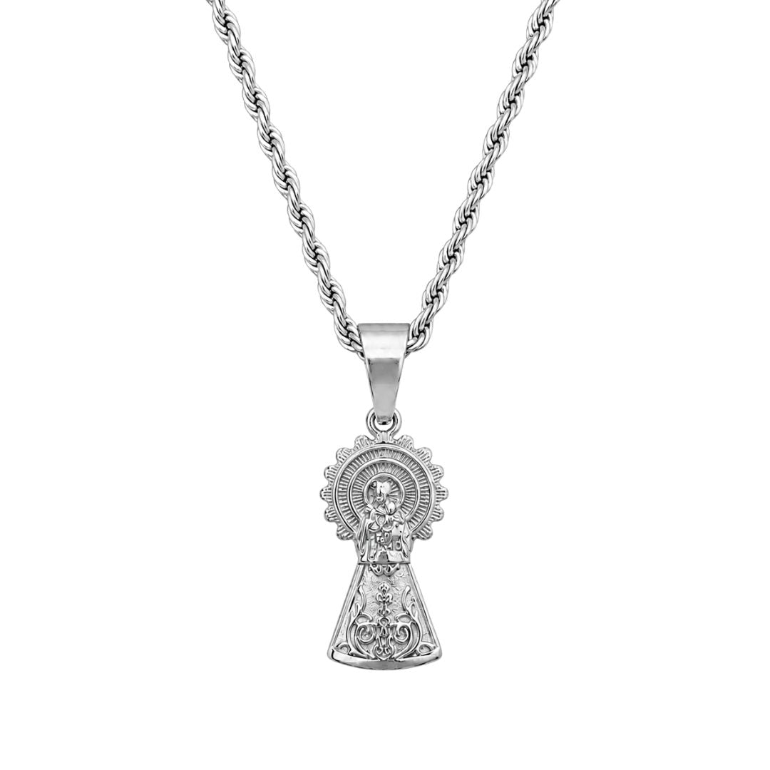 Collar de la Virgen Del Pilar en plata la Pilarica con cordon Silver rope chain with ornamental pendant