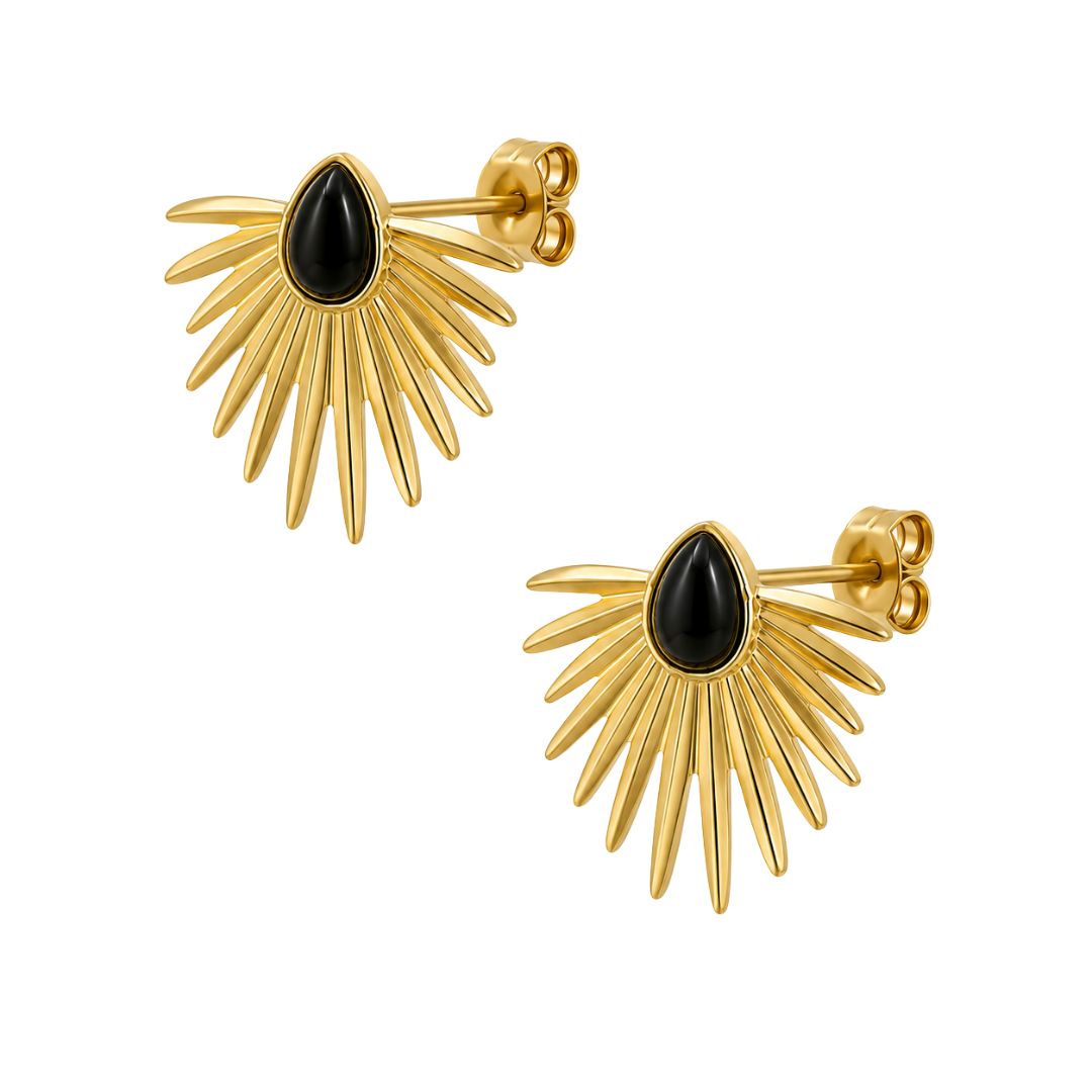 Elegant gold sunburst earrings with black stone
