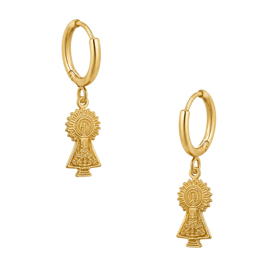 Gold hoop earrings with religious charms Virgen Del Pilar