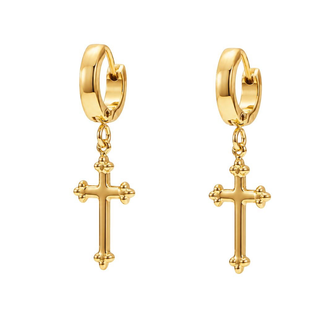Gold hoop earrings with cross charms