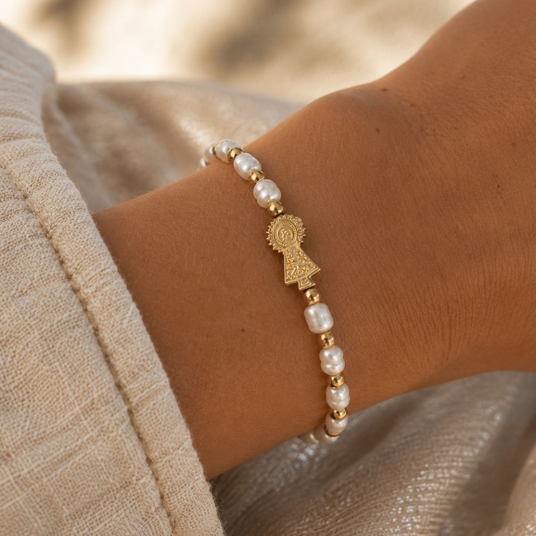 Pulsera Virgen Del Pilar Perlas Naturales Oro Waterproof