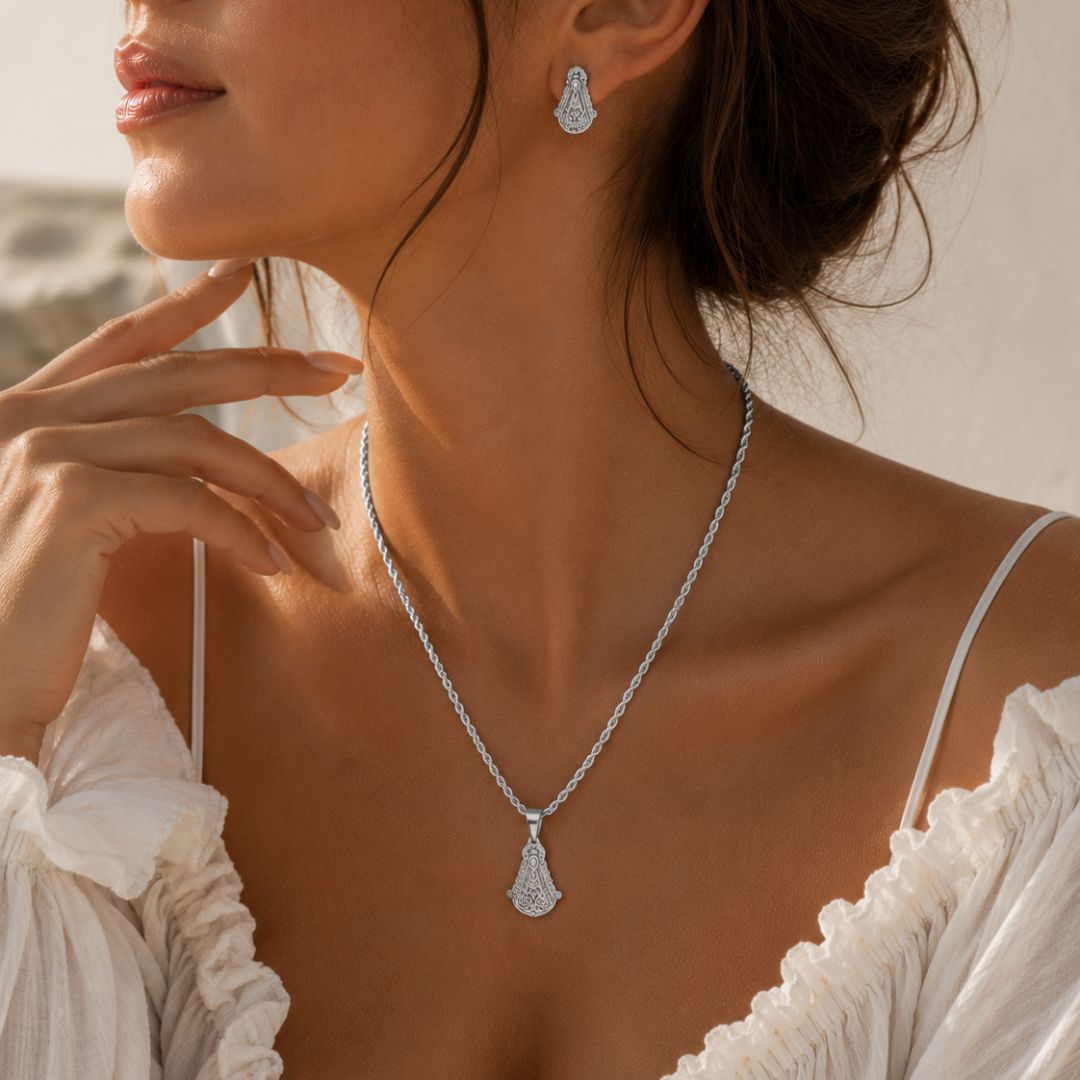 Set Virgen Del Rocio Medalla Y Pendientes Plata Waterproof
