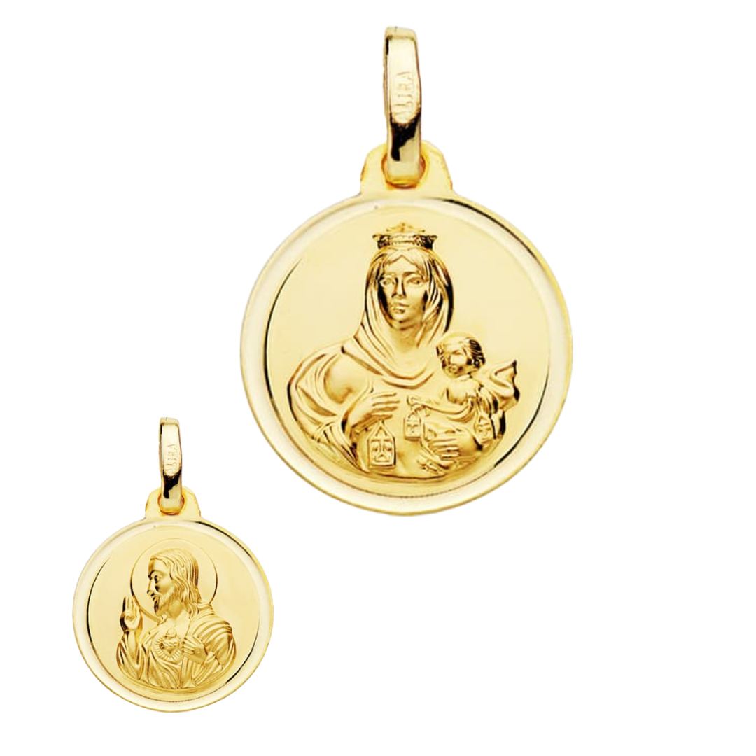 Medalla Escapulario Virgen Del Carmen Y Corazón De Jesús Oro 18 Quilates 14mm