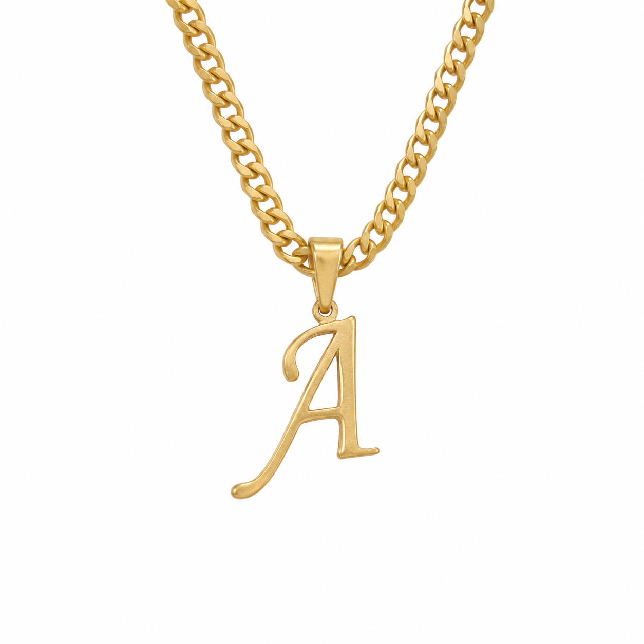 Simple gold necklace with "A" pendant
Cuban chain initial necklace