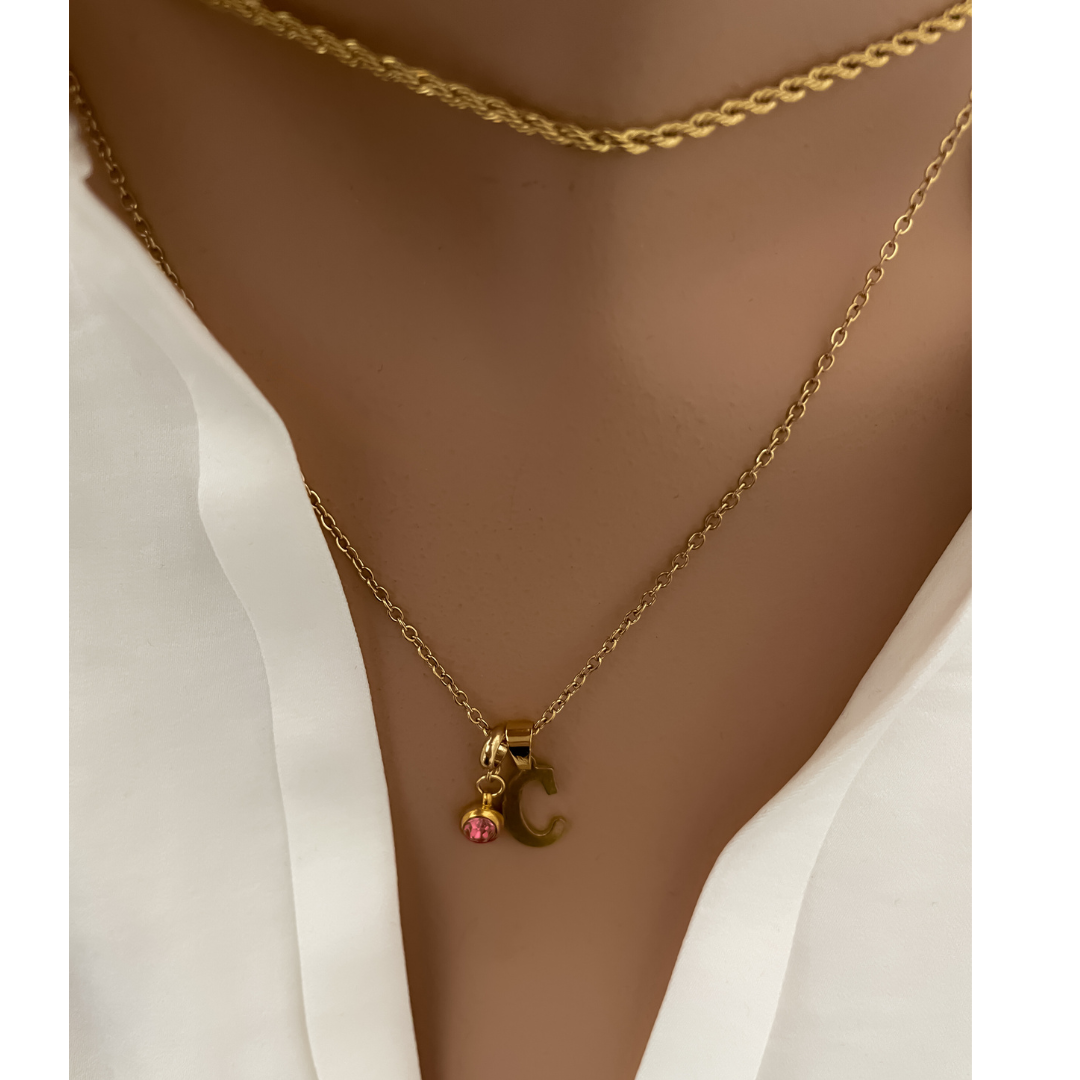 Collar Inicial Ella Piedra Natal | KHLOE JOYAS | 15%,Colgantes,Collares,Color Oro,Colores,Con Brillantes,Gargantillas,Iniciales,Personalizado,Zodiaco