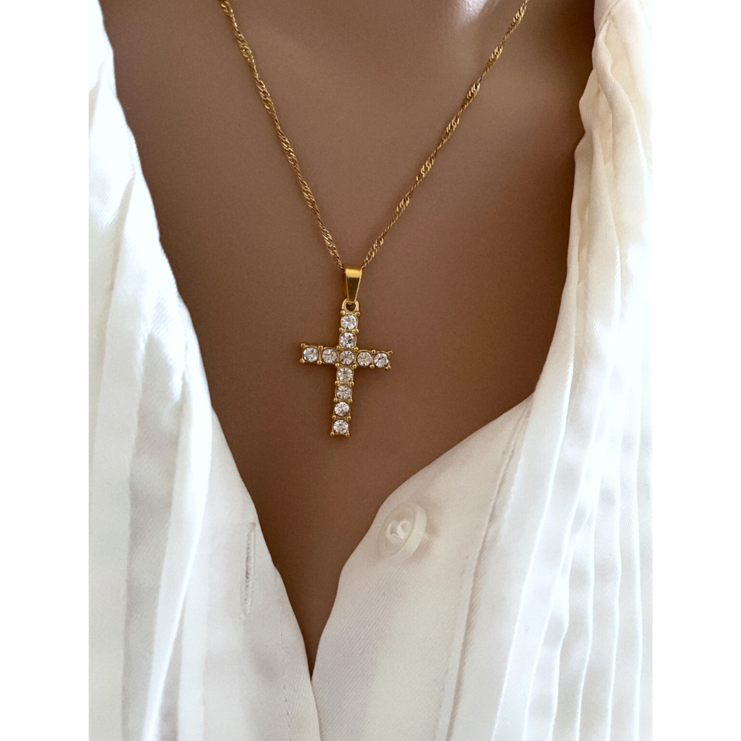 Collar Paris CZ Cross | KHLOE JOYAS | 15%,Colgantes,Collares,Color Oro,Con Brillantes,Cruces,Religioso