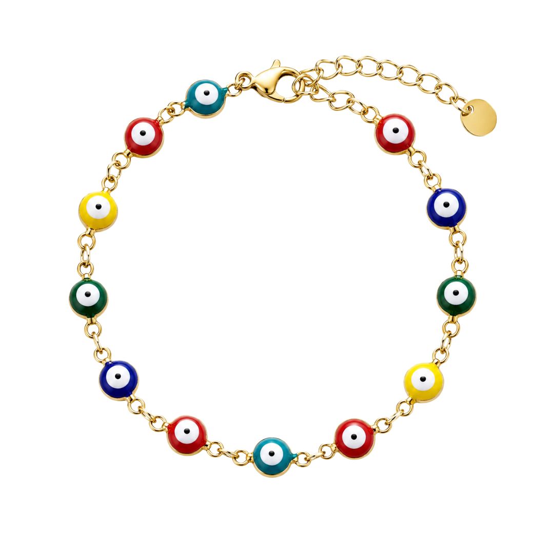 Colorful evil eye bracelet on silver chain
Pulsera de oro de ojo turco de colores 