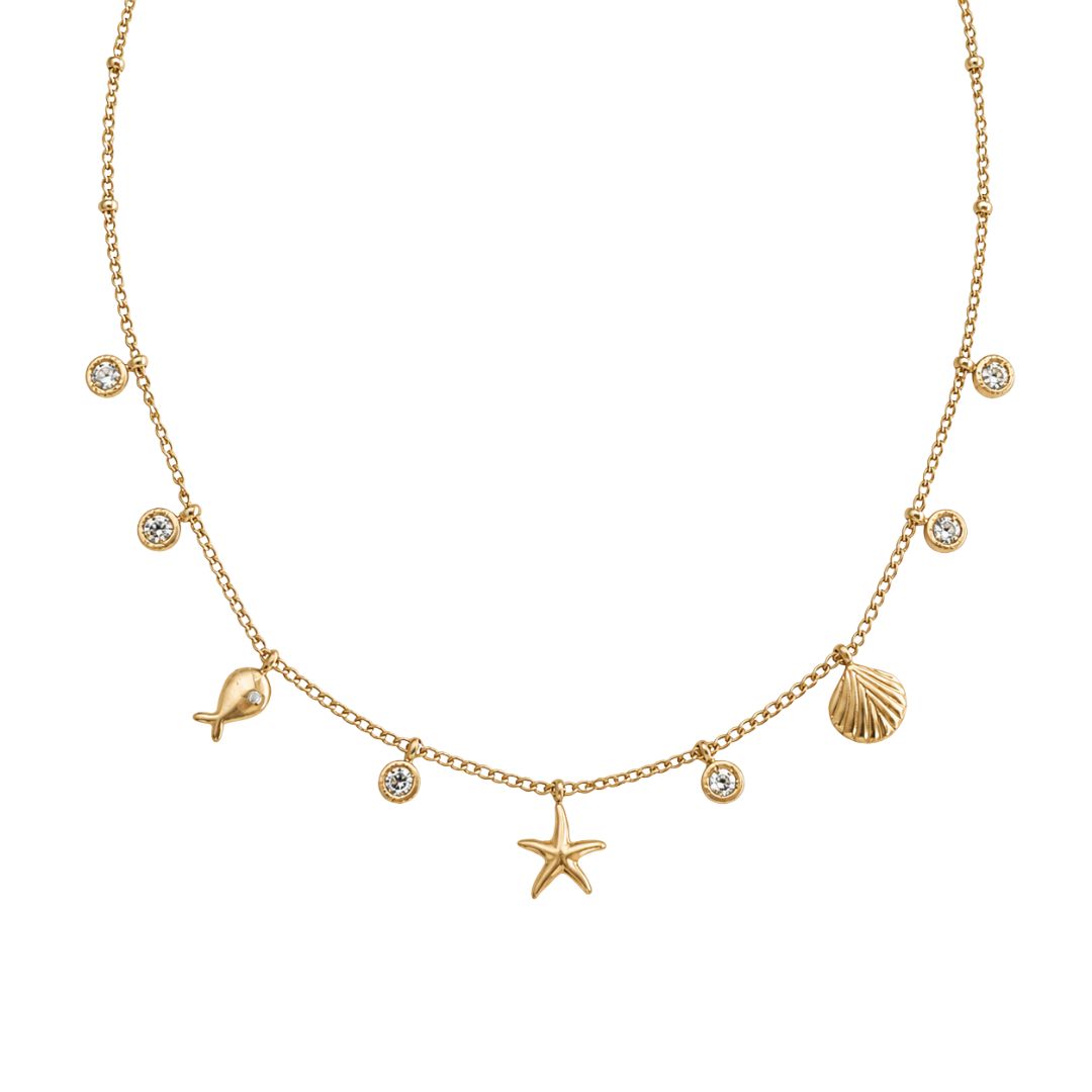Delicate gold charm necklace with gems and diamonds