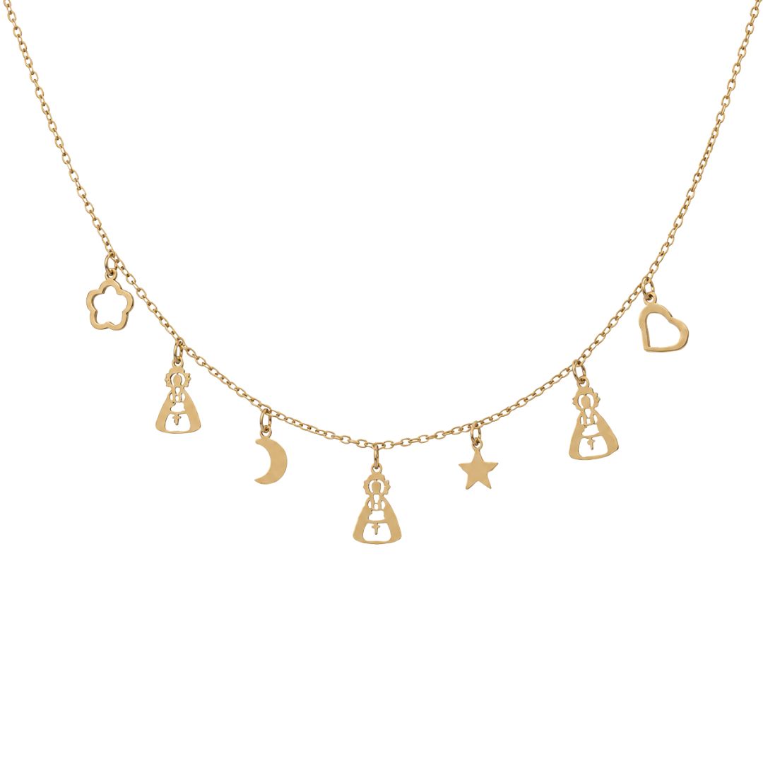 Delicate gold charm necklace arrangement Virgen De Los Desamparados Geperudeta