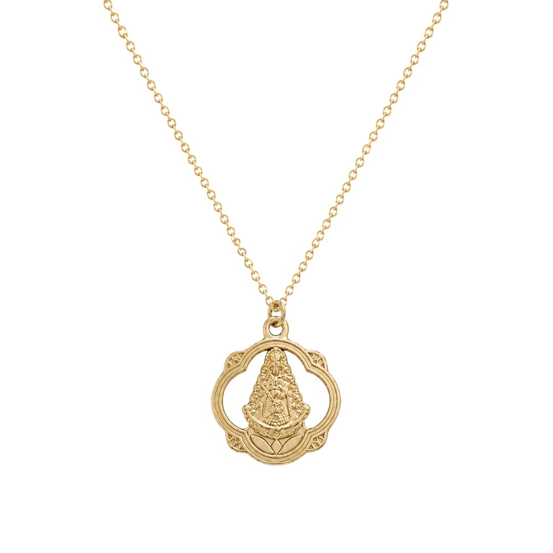 Ornate gold religious pendant necklace
Virgen Del Rocio