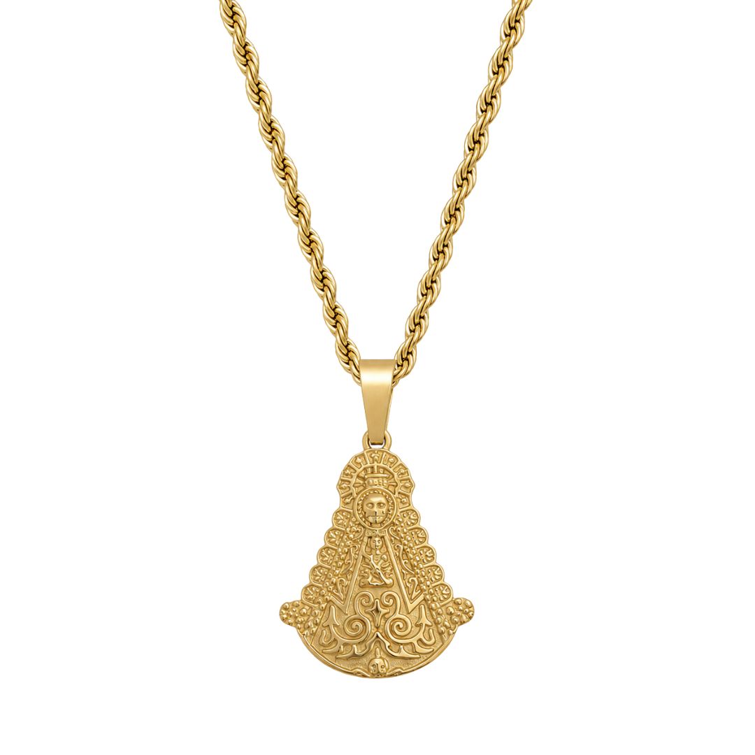 Gold medallion pendant on rope chain
Virgen Del Rocio Collar en oro Joyeria Religiosa