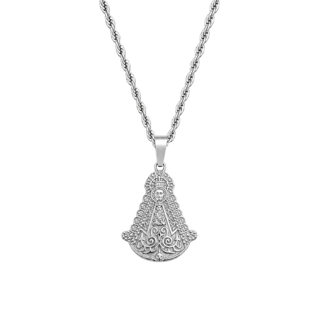 Silver medallion pendant on rope chain
Virgen Del Rocio Collar en plata Joyeria Religiosa