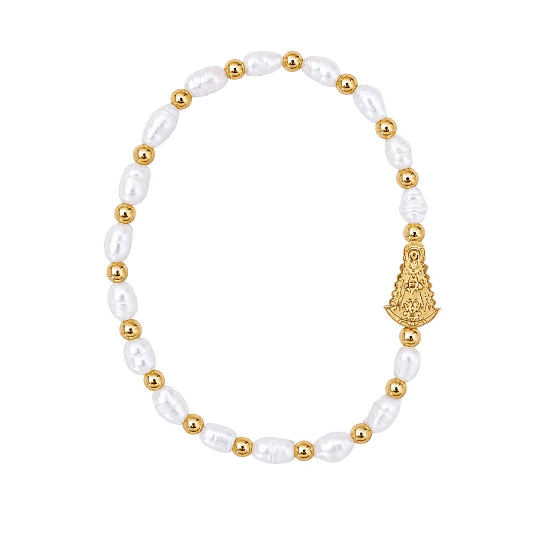 Pulsera Virgen Del Rocío Perlas Naturales Dorada