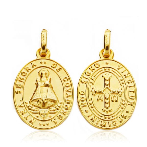 Medalla Virgen De Covadonga Y Cruz De La Victoria 20X14 MM | KHLOE JOYAS | Oro 18 Quilates,Religioso
