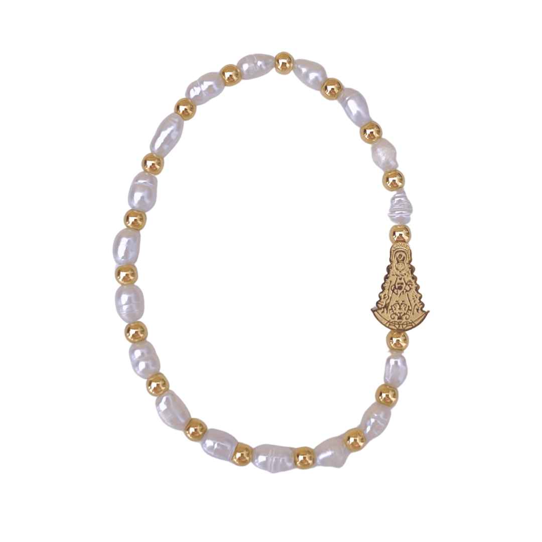 Pulsera Virgen Del Rocío Perlas Naturales Dorada | KHLOE JOYAS | Color Oro,Perlas,Pulseras,Religioso