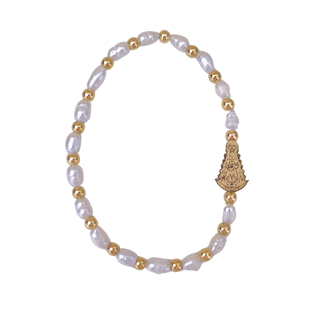 Pulsera Virgen Del Rocío Perlas Naturales Dorada